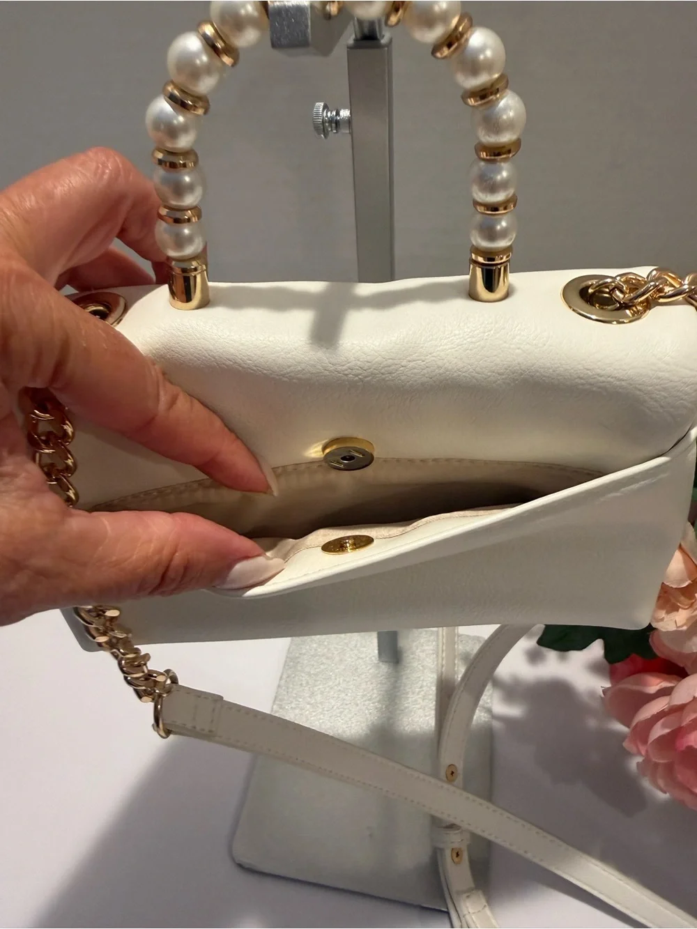 New INC Elegant White Pearl-Handle Vegan Crossbody Bag